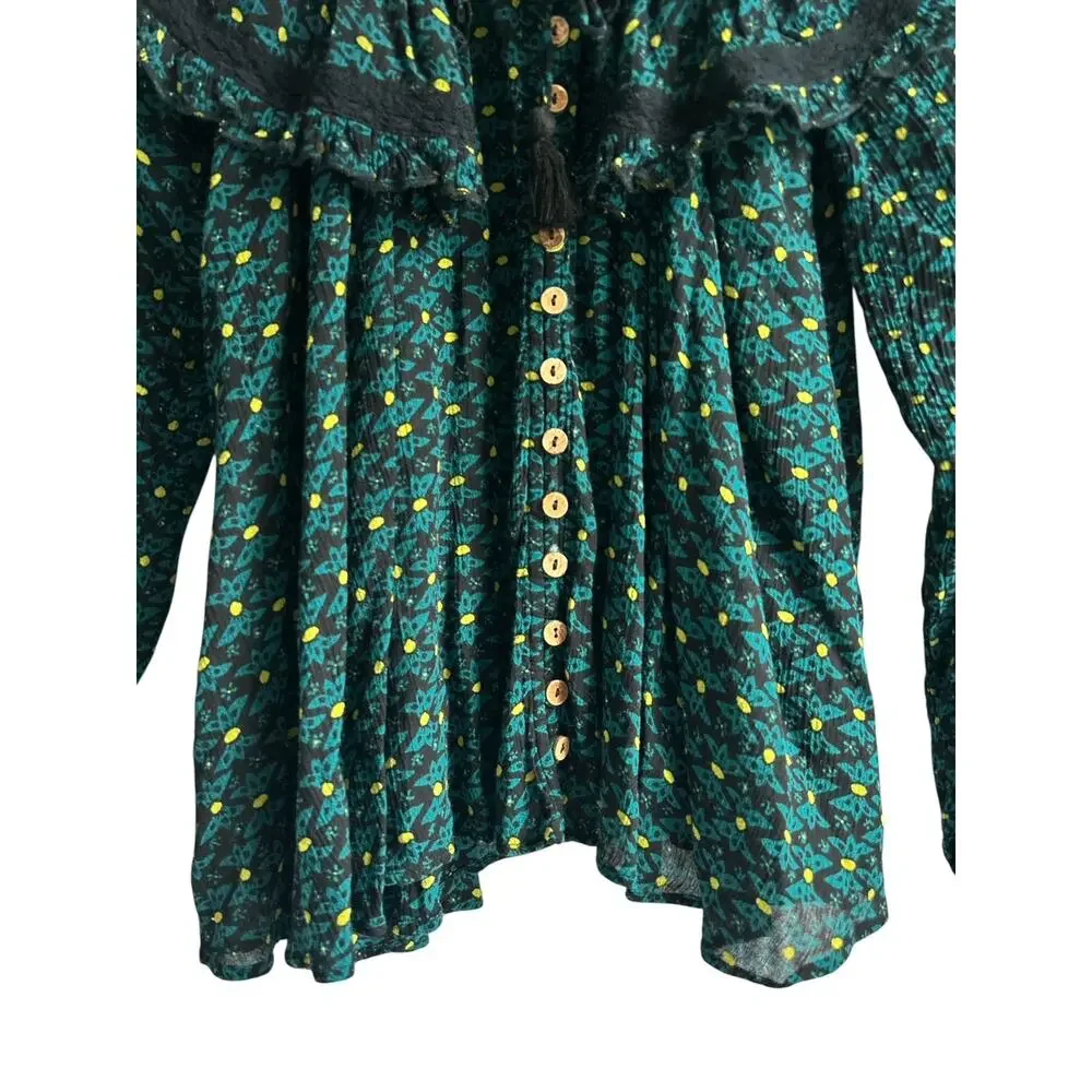 Free People Small Petite Oversized Collar‎ Green Floral Print Button Up Blouse